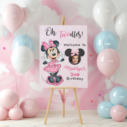 Editable Photo Minnie Mouse Oh TWOdles Welcome Sign | Light Pink Polkadot Minnie Party Decor Sign | 2nd Minnie Pink Birthday Sign  MMB01