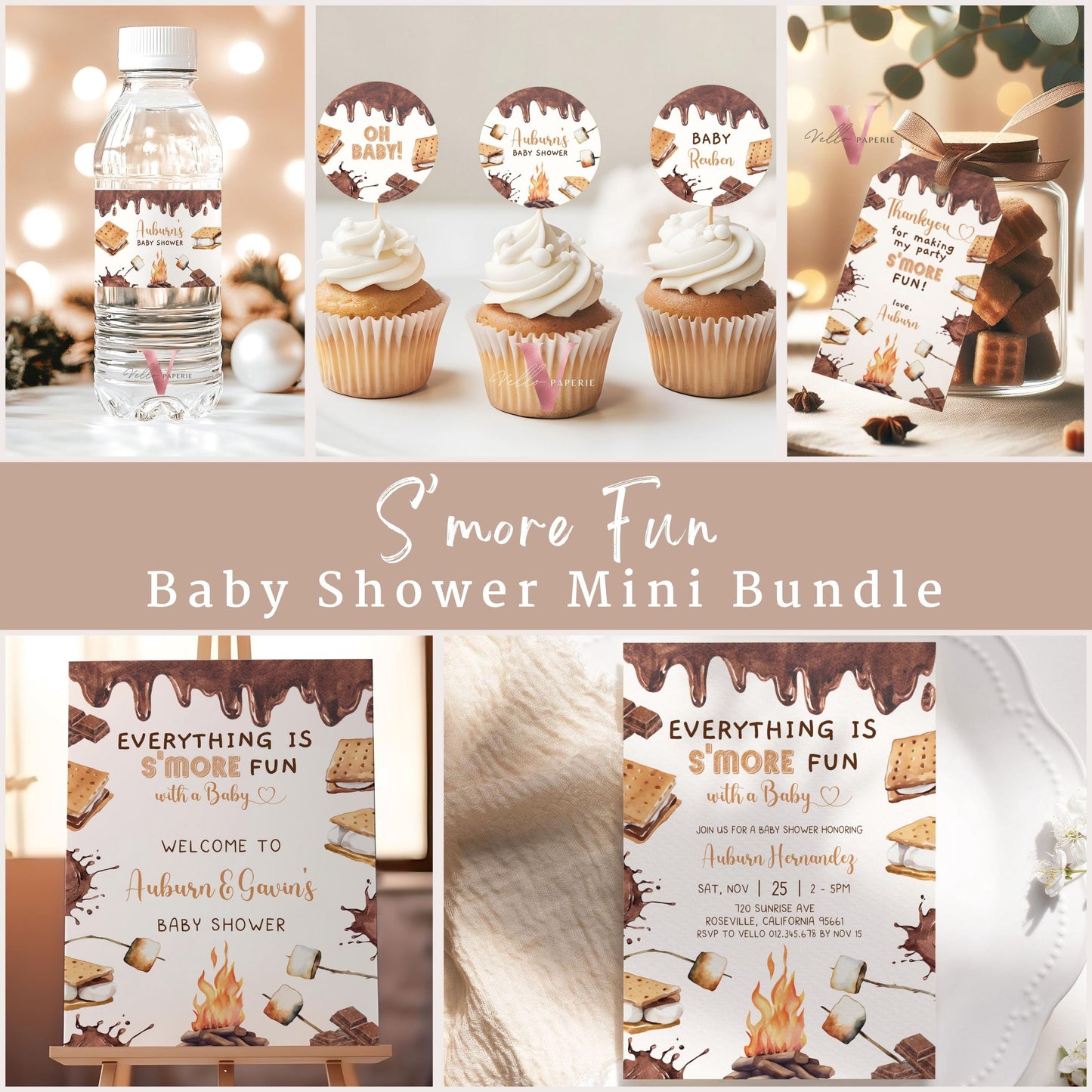 Editable S'mores Baby Shower Bundle | Camping Bonfire, Campire Smore Fun with Baby, Couple Shower Party Decor, Invite, Cupcake, Sign SBS01