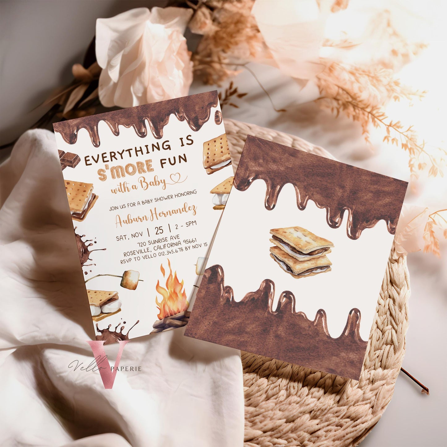 Editable S'mores Baby Shower Bundle | Camping Bonfire, Campire Smore Fun with Baby, Couple Shower Party Decor, Invite, Cupcake, Sign SBS01