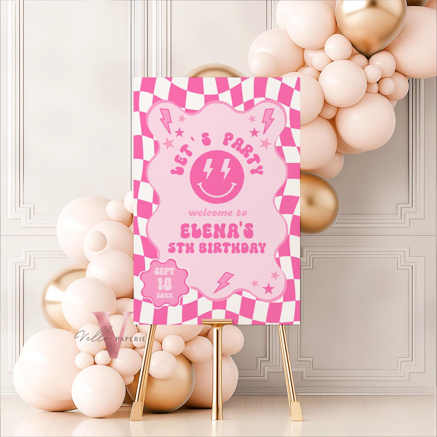 Pink Smile Face Groovy Birthday Welcome Sign | Editable Retro Happy Face Any Age Birthday Party Sign | Emoji Face Lighting Bolt Smile PSG01