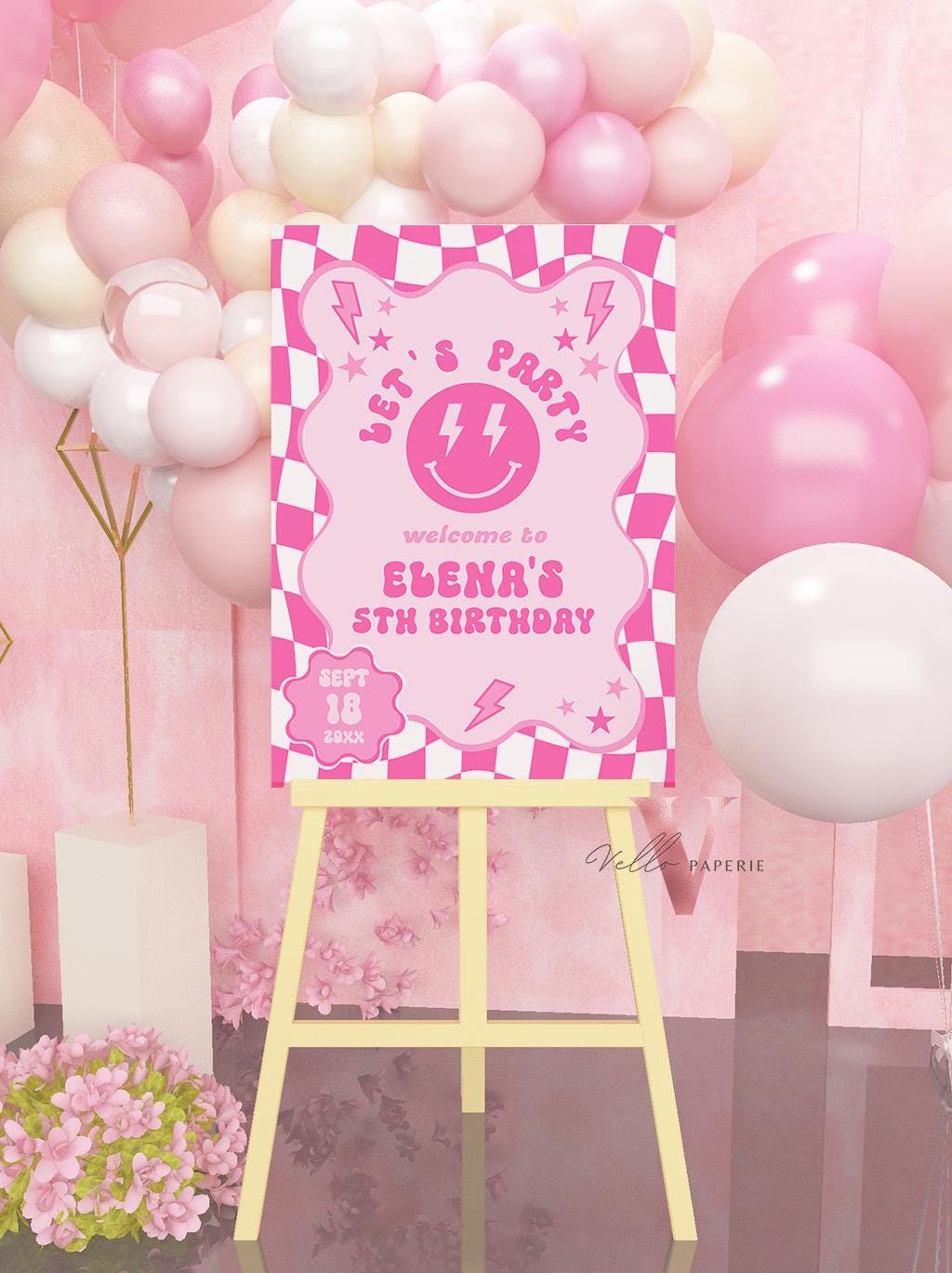 Pink Smile Face Groovy Birthday Welcome Sign | Editable Retro Happy Face Any Age Birthday Party Sign | Emoji Face Lighting Bolt Smile PSG01