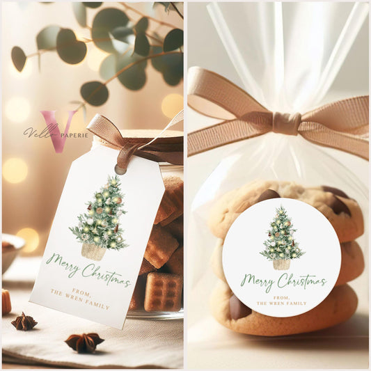 Editable Modern Minimalist Merry Christmas Tags | Modern Boho Gold Green Christmas Round Label | Simple Watercolor Tree Holiday Tags  BCPF1