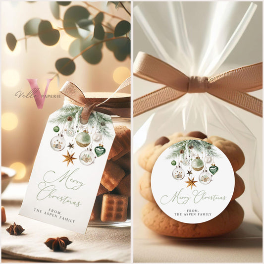 Editable Modern Minimalist Merry Christmas Tags | Modern Christmas Round Label | Simple Watercolor Christmas Ball Ornament Holiday Tag BCPF1