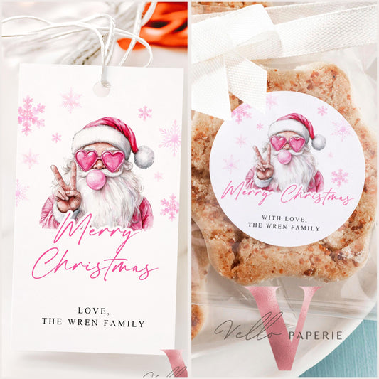 Editable Modern Minimalist Merry Christmas Tags | Pink Funny Santa Christmas Round Label | Watercolor Pink Snowflakes Holiday Tag CHP01