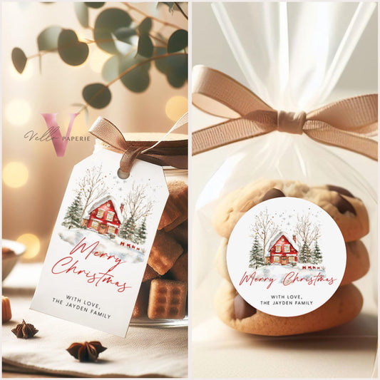 Editable Classic Merry Christmas Tags | Red Holiday Christmas House Round Label | Watercolor Modern Classic Winter Holiday Tag CHP01