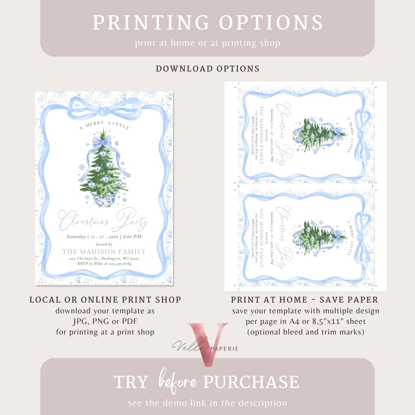 Editable Chinoiserie Christmas Party Invitation | Blue Christmas Tree Party Invite | Winter Ribbon Frame, Blue Toile de Juoy Christmas CHP01