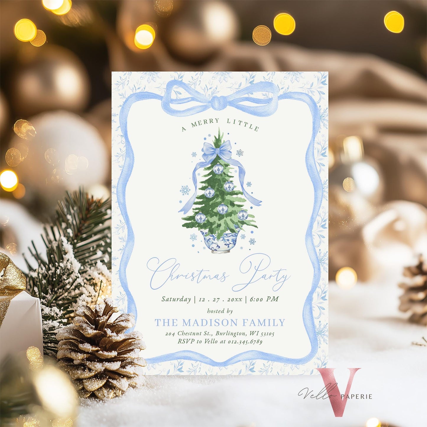 Editable Chinoiserie Christmas Party Invitation | Blue Christmas Tree Party Invite | Winter Ribbon Frame, Blue Toile de Juoy Christmas CHP01