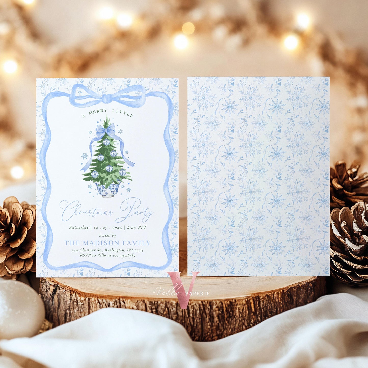 Editable Chinoiserie Christmas Party Invitation | Blue Christmas Tree Party Invite | Winter Ribbon Frame, Blue Toile de Juoy Christmas CHP01