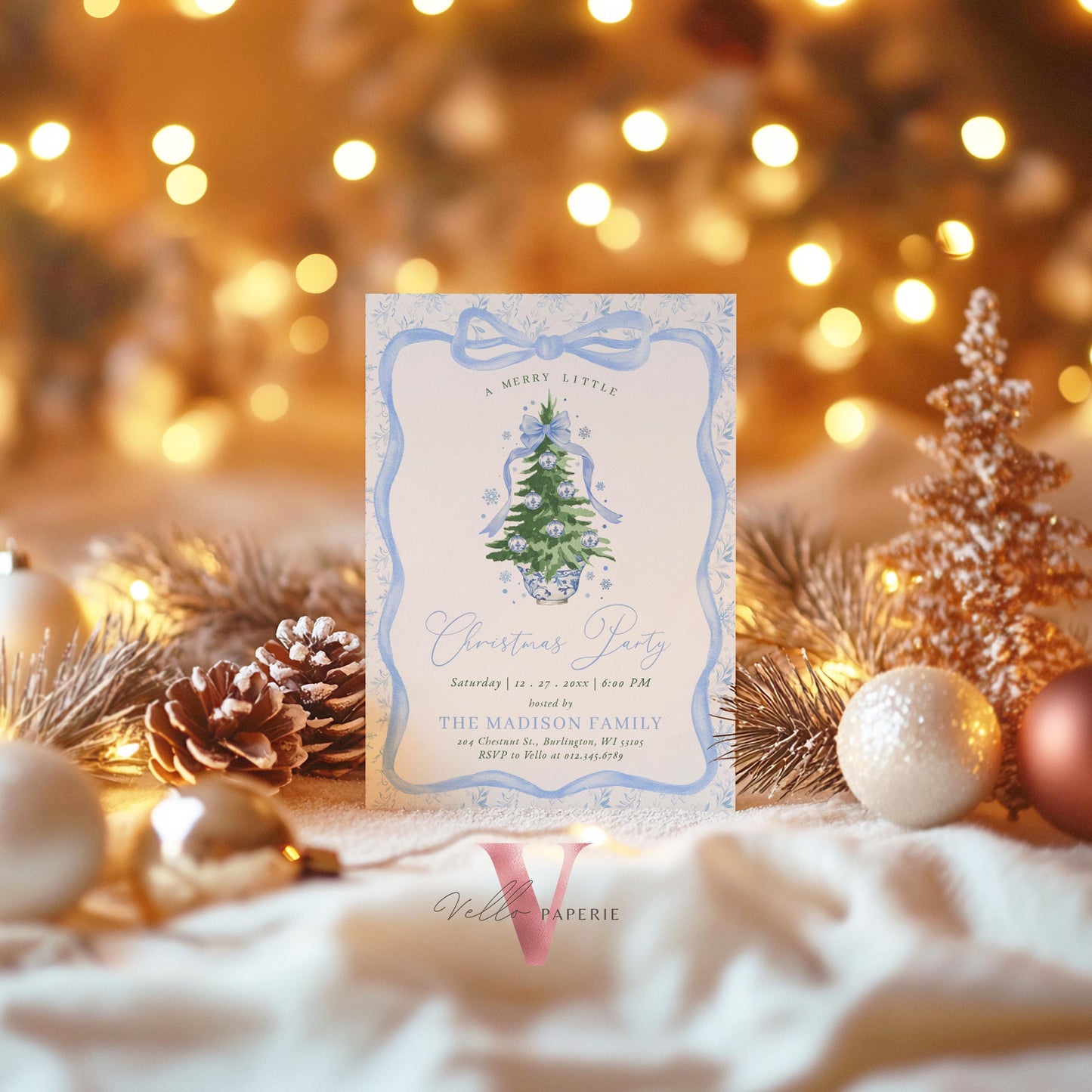 Editable Chinoiserie Christmas Party Invitation | Blue Christmas Tree Party Invite | Winter Ribbon Frame, Blue Toile de Juoy Christmas CHP01