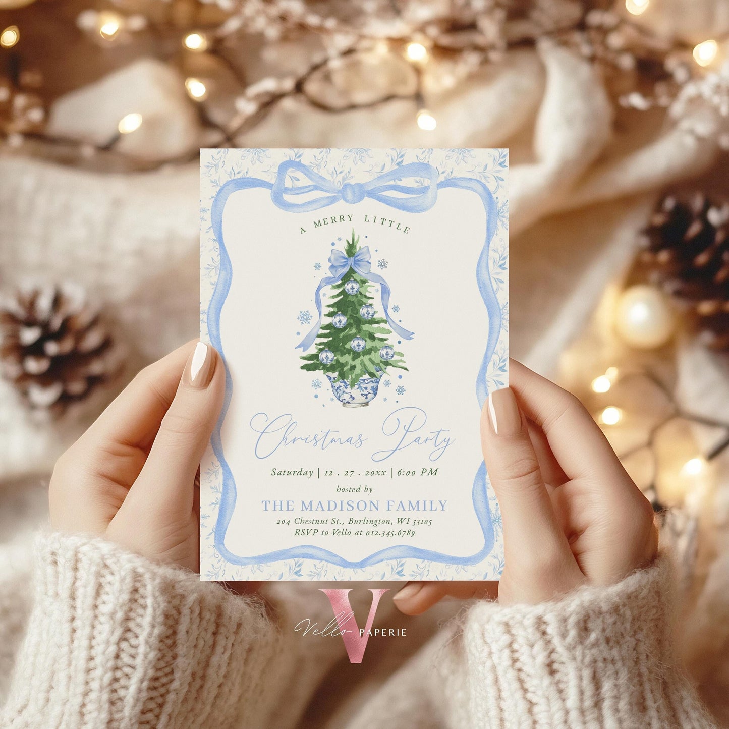 Editable Chinoiserie Christmas Party Invitation | Blue Christmas Tree Party Invite | Winter Ribbon Frame, Blue Toile de Juoy Christmas CHP01