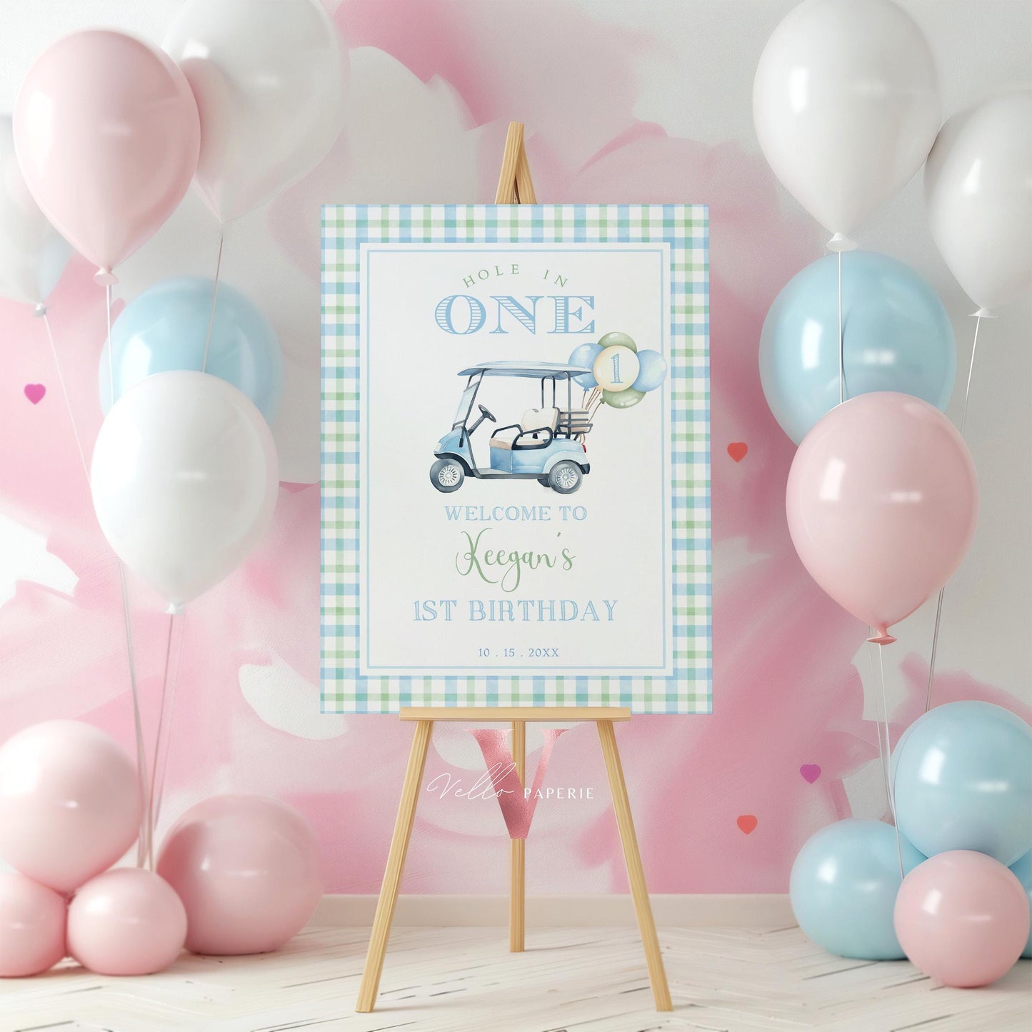 Editable Hole In One Birthday or Shower Welcome Sign | Lets Par-tee Golf ANY AGE Decor | Golfing Masters Party Pastel Blue Party Sign BGB01