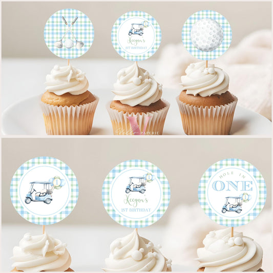 Editable Hole In One Birthday Cupcake Topper | Lets Par-tee Golf Any Age Birthday Par-tee Cake Decor | Golfing Masters Pastel Blue BGB01