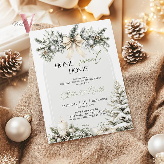 Winter House Warming Invitation | Beige Neutral Home Sweet Home Party Invite | Modern Rustic New House Celebration Christmas Decor WHW01