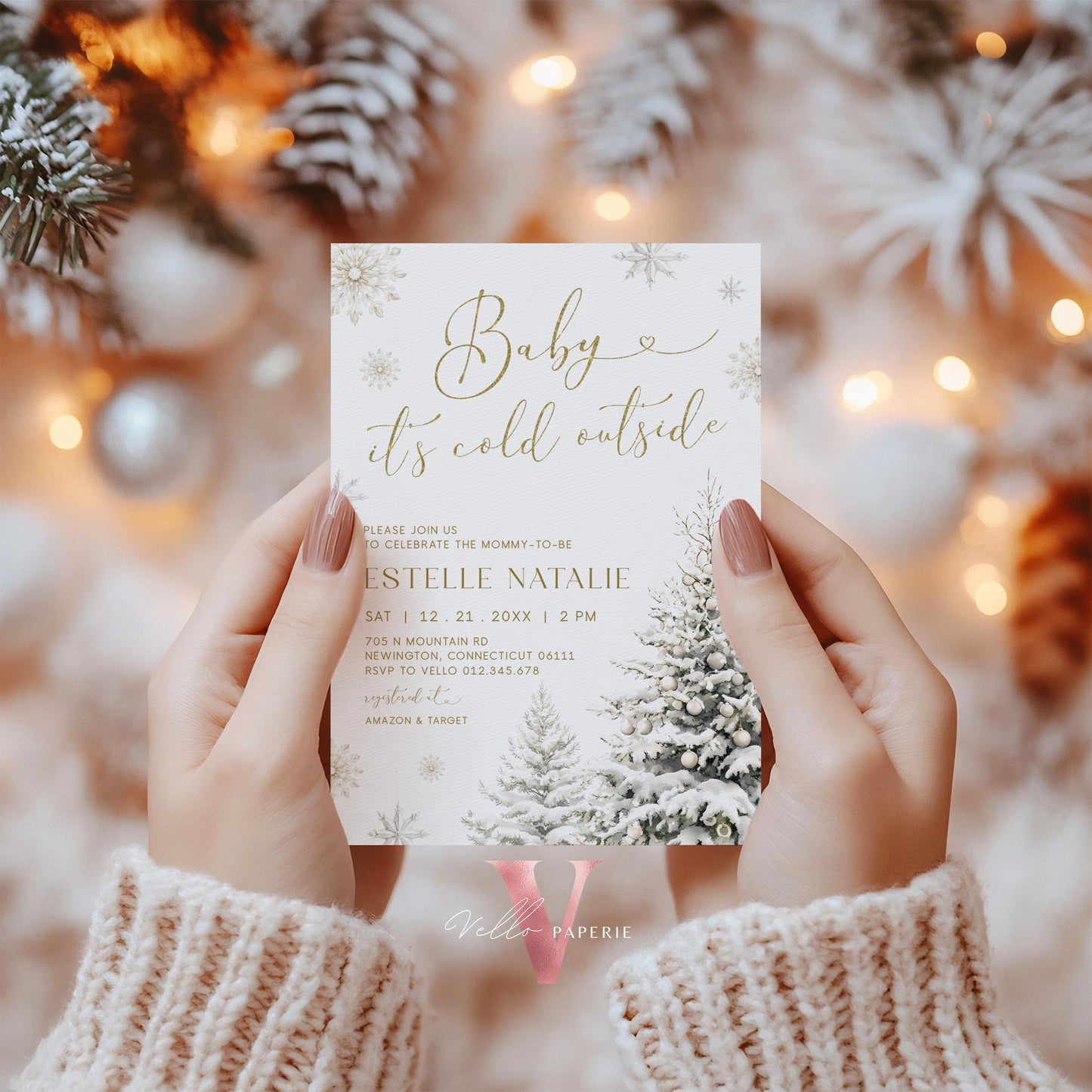 Neutral Baby It's Cold Outside Baby Shower Invitation | Winter Snowflakes Baby Shower Invite | Modern Silver Gold Christmas Tree Baby WBS01