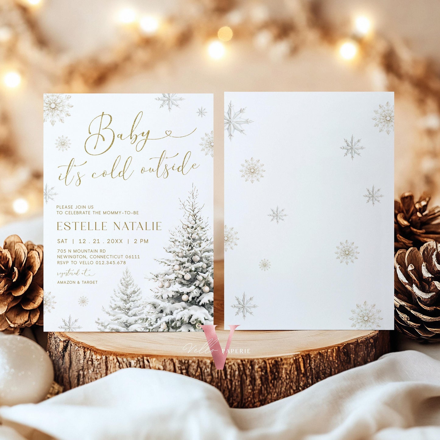 Neutral Baby It's Cold Outside Baby Shower Invitation | Winter Snowflakes Baby Shower Invite | Modern Silver Gold Christmas Tree Baby WBS01