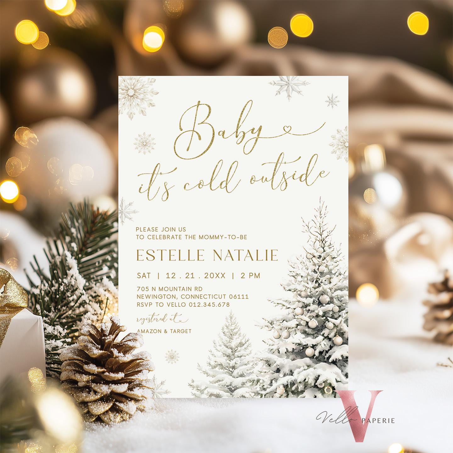 Neutral Baby It's Cold Outside Baby Shower Invitation | Winter Snowflakes Baby Shower Invite | Modern Silver Gold Christmas Tree Baby WBS01