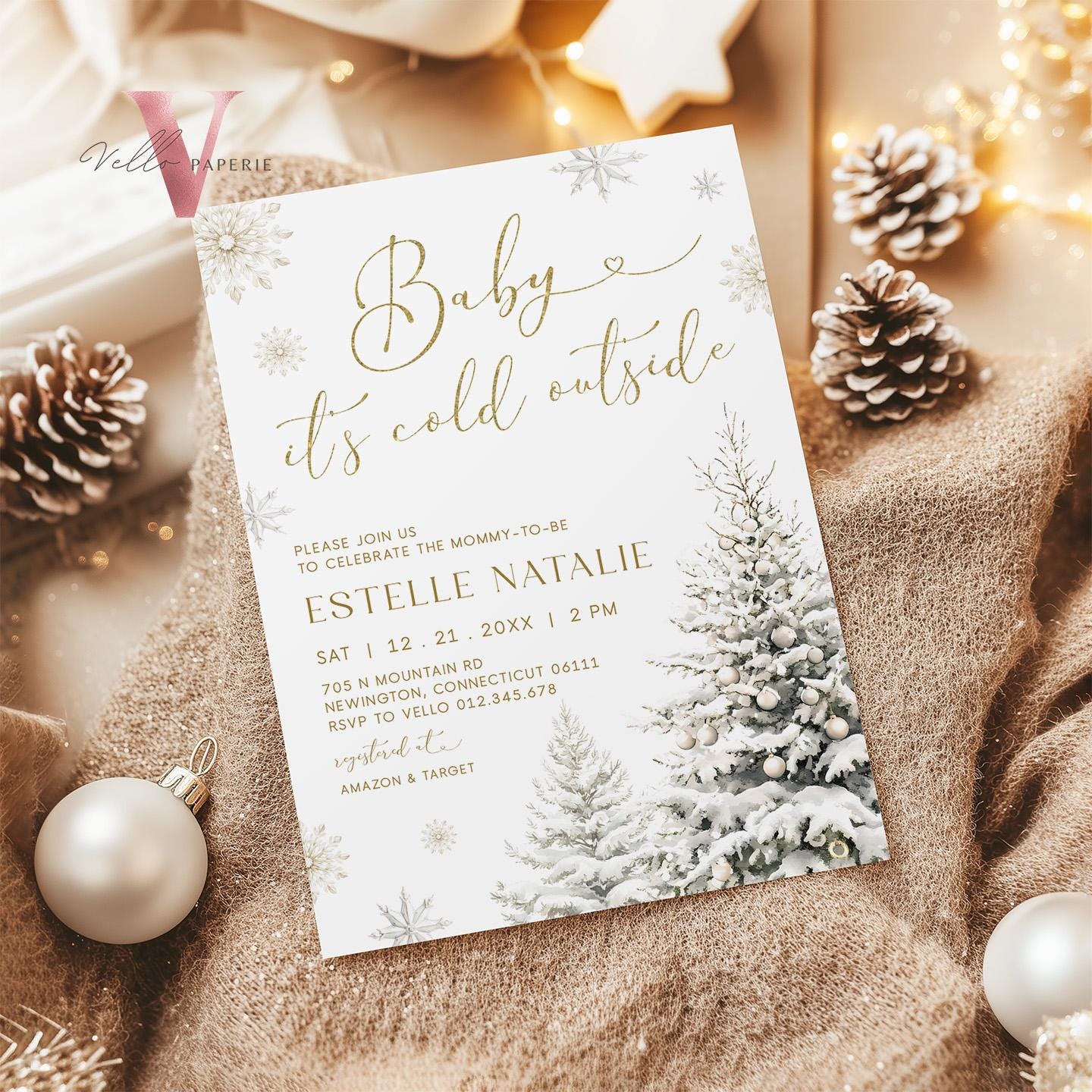 Neutral Baby It's Cold Outside Baby Shower Invitation | Winter Snowflakes Baby Shower Invite | Modern Silver Gold Christmas Tree Baby WBS01