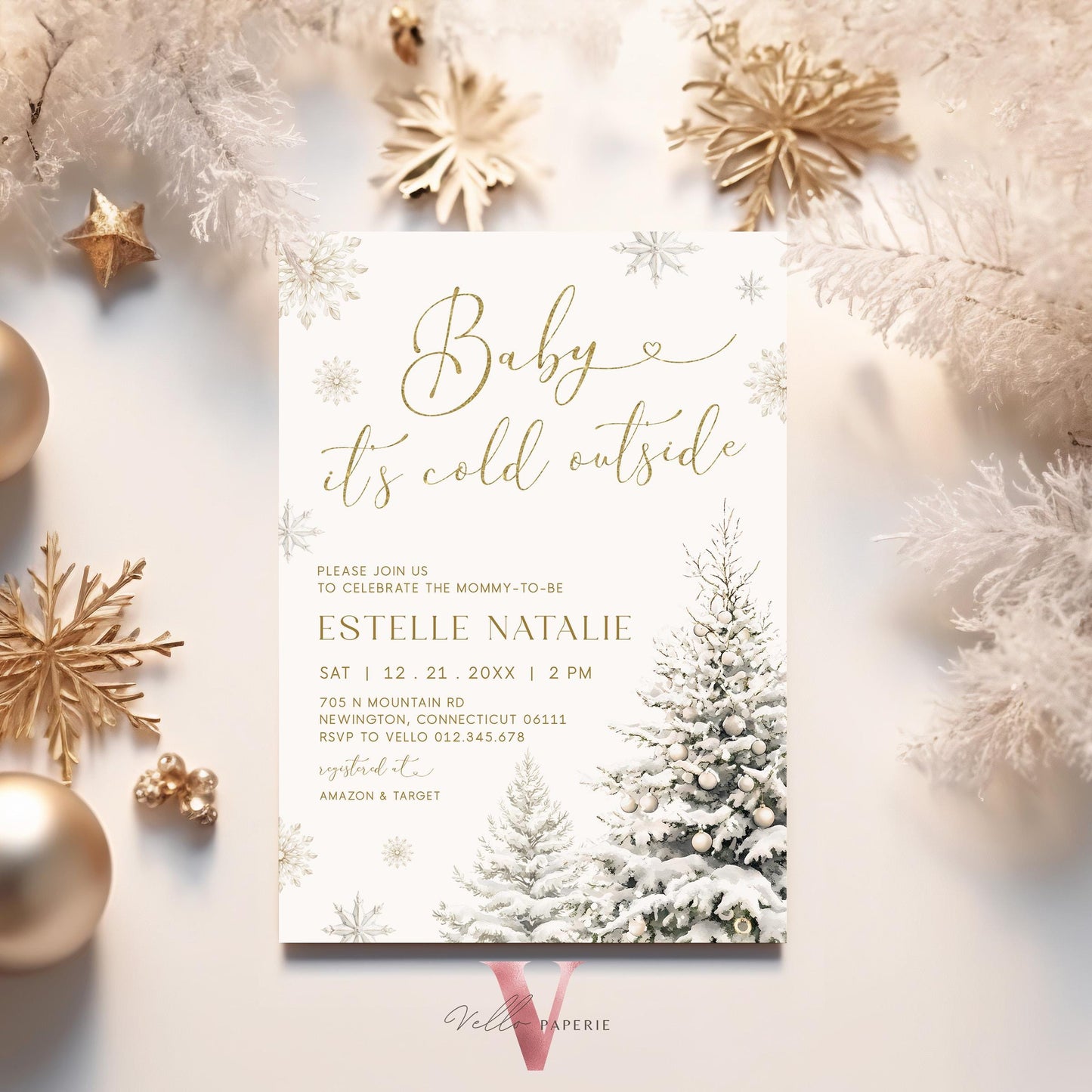 Neutral Baby It's Cold Outside Baby Shower Invitation | Winter Snowflakes Baby Shower Invite | Modern Silver Gold Christmas Tree Baby WBS01