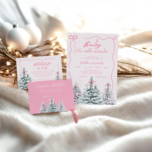 BUNDLE Cute Pink Baby It's Cold Outside Shower Invitation | Winter Snowflakes Baby Invite | Modern Pink Christmas Tree Baby Shower WBS01