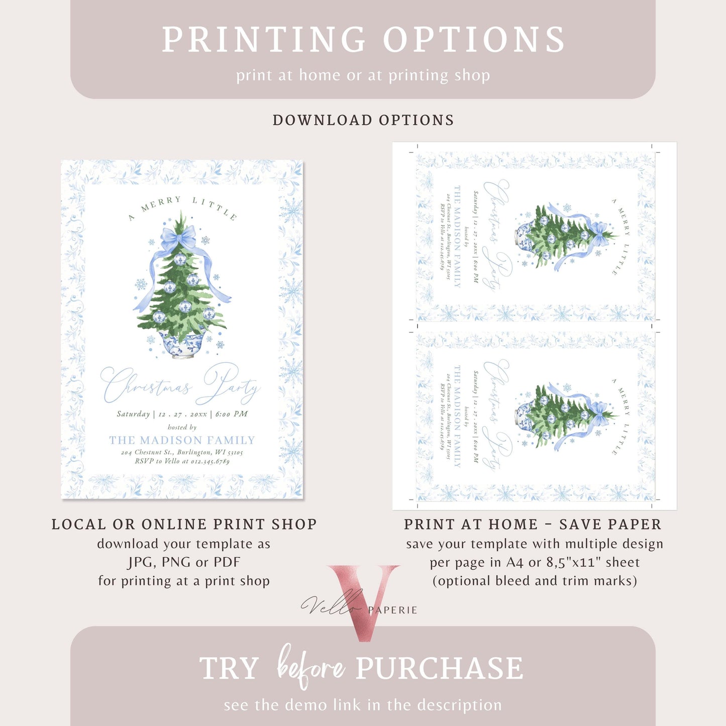 Editable Chinoiserie Christmas Bridal Shower Invitation | Blue Christmas Tree Party Invite | Winter Blue Toile de Juoy Christmas Bride WBD01