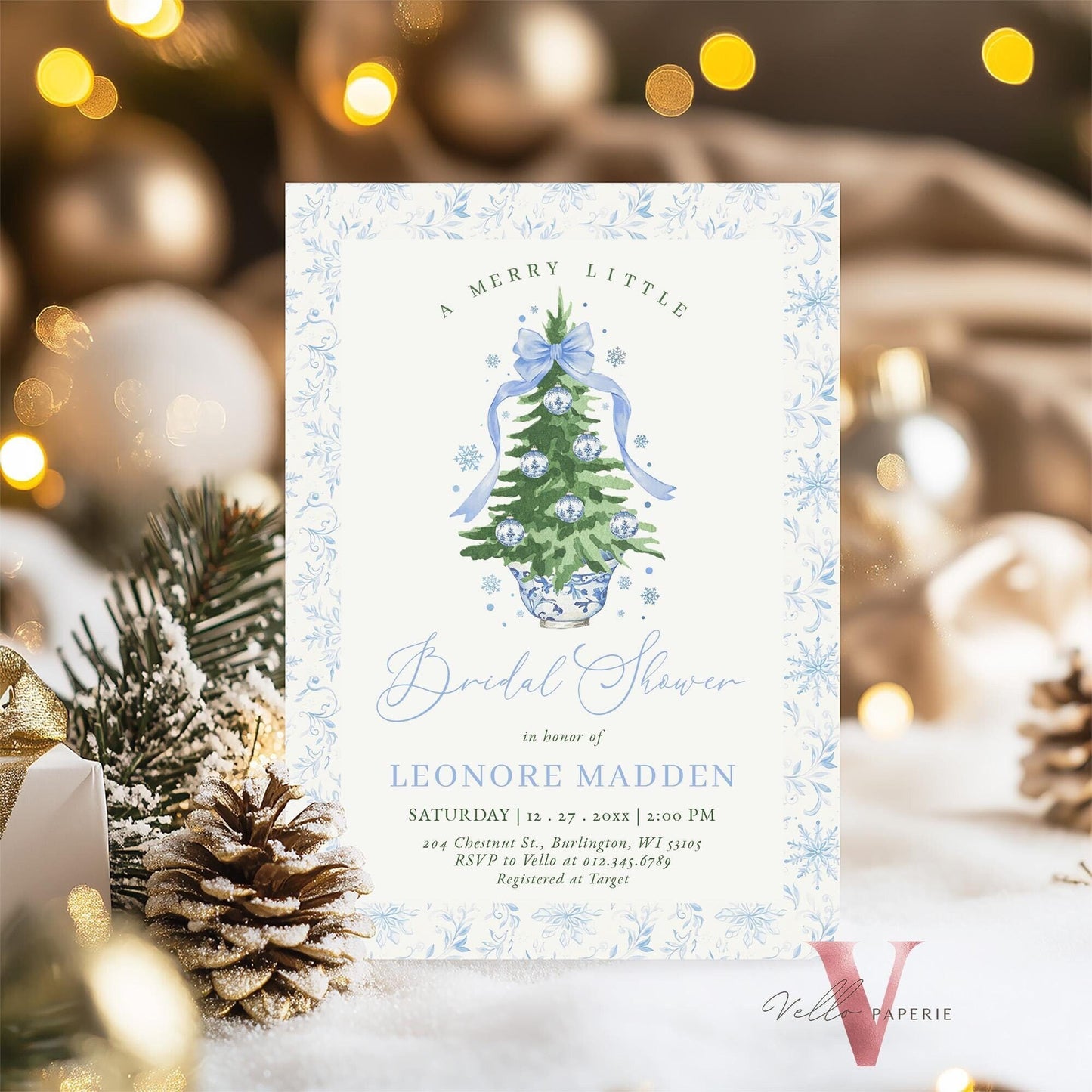 Editable Chinoiserie Christmas Bridal Shower Invitation | Blue Christmas Tree Party Invite | Winter Blue Toile de Juoy Christmas Bride WBD01