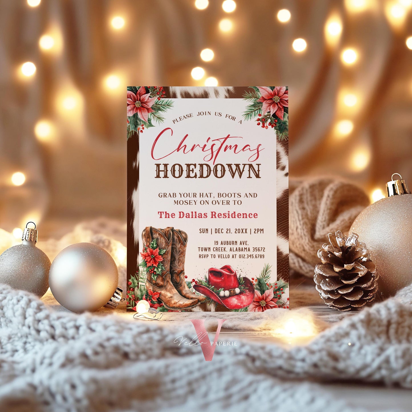 Editable Western Christmas Hoedown Party Invitation | Merry Little Open House Cowboy Holiday Party Invite | Rustic Boots Friendsmas WCH01