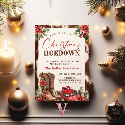 Editable Western Christmas Hoedown Party Invitation | Merry Little Open House Cowboy Holiday Party Invite | Rustic Boots Friendsmas WCH01