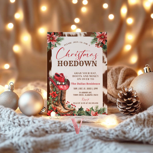 Editable Western Christmas Hoedown Party Invitation | Merry Little Open House Cowboy Holiday Party Invite | Rustic Boots Friendsmas WCH01