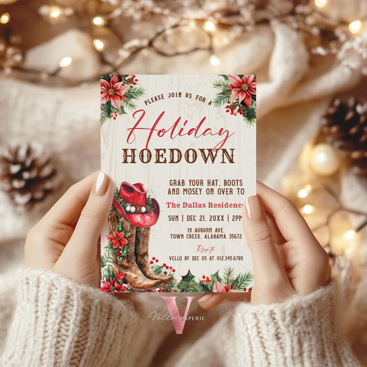 Editable Western Holiday Hoedown Party Invitation | Merry Little Open House Cowboy Christmas Party Invite | Rustic Boots Friendsmas WCH01