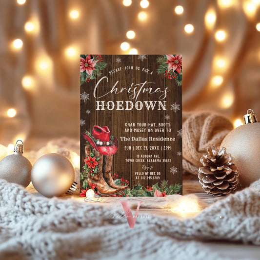 Editable Western Christmas Hoedown Party Invitation | Merry Little Open House Cowboy Holiday Party Invite | Rustic Boots Friendsmas WCH01