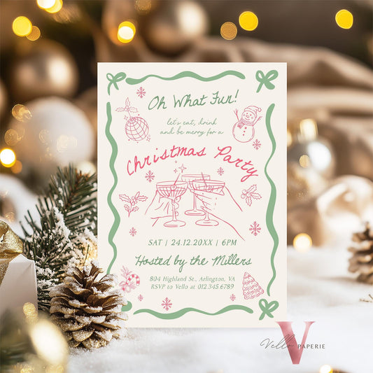 Full Editable Handdrawn Merry Christmas Party Invitation | Whimsical Friendsmas Party Invite | Pink Green Holiday Cocktail Party WCP01