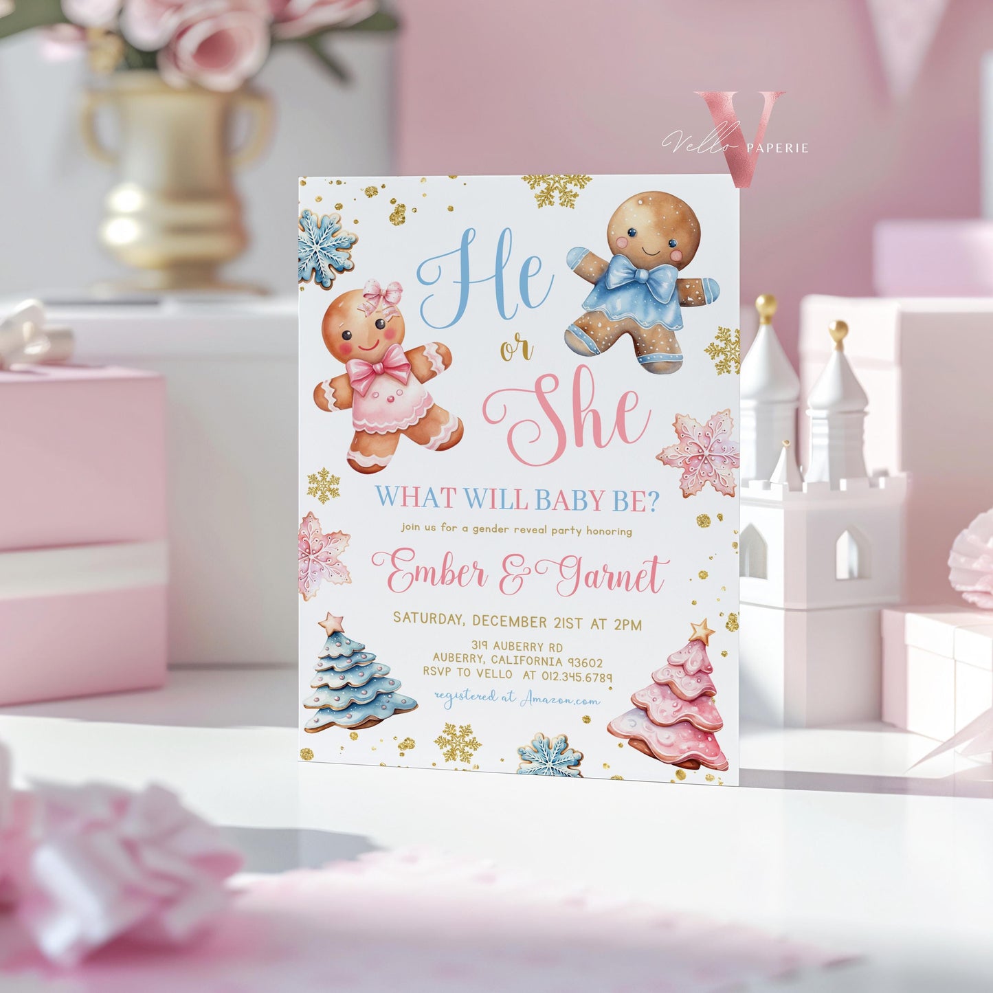 He or She Gingerbread Baby Shower Invitation | Winter Gender Reveal Baby Coming Invite | Pink Blue Gingerbread Christmas Cookie Party CWBS01