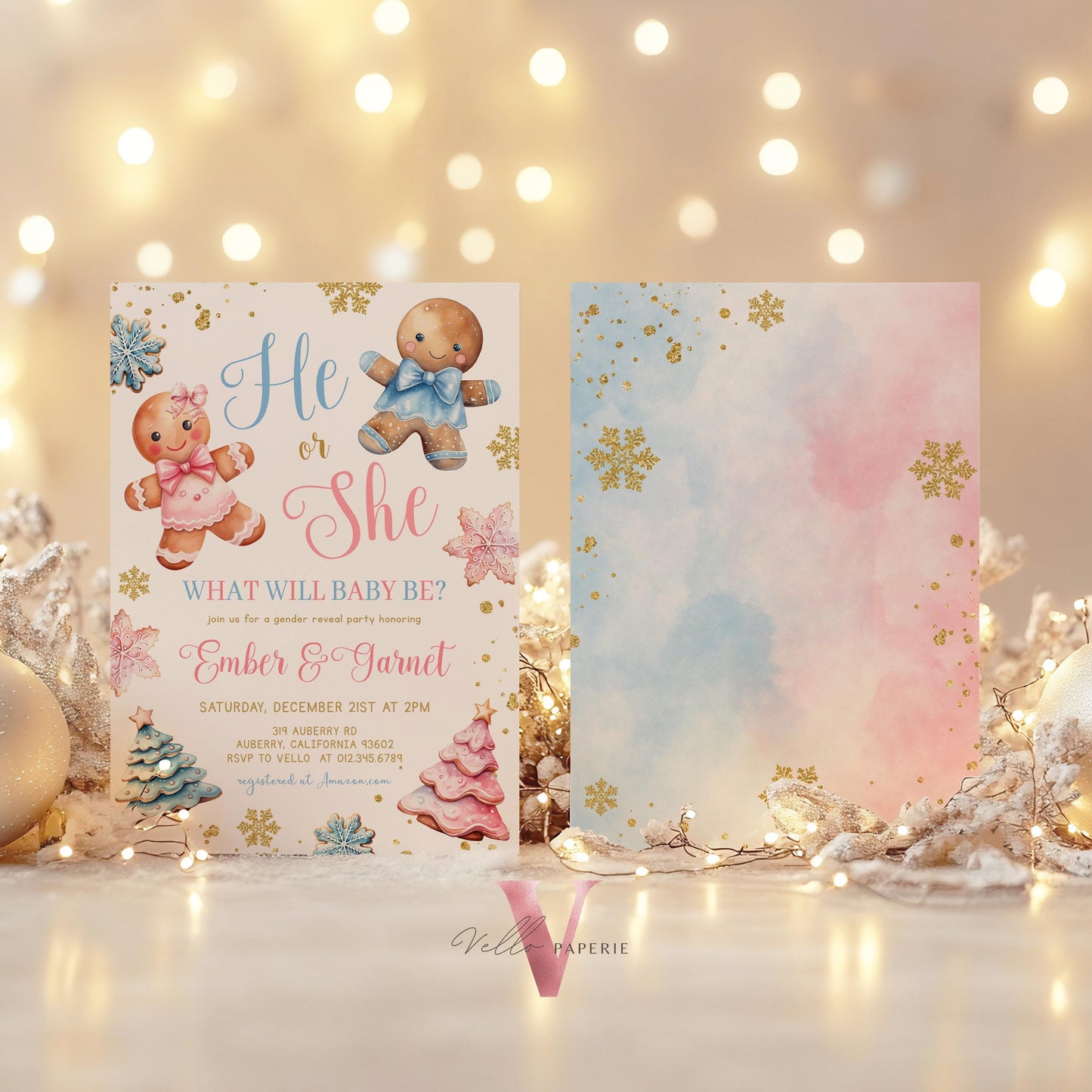 He or She Gingerbread Baby Shower Invitation | Winter Gender Reveal Baby Coming Invite | Pink Blue Gingerbread Christmas Cookie Party CWBS01