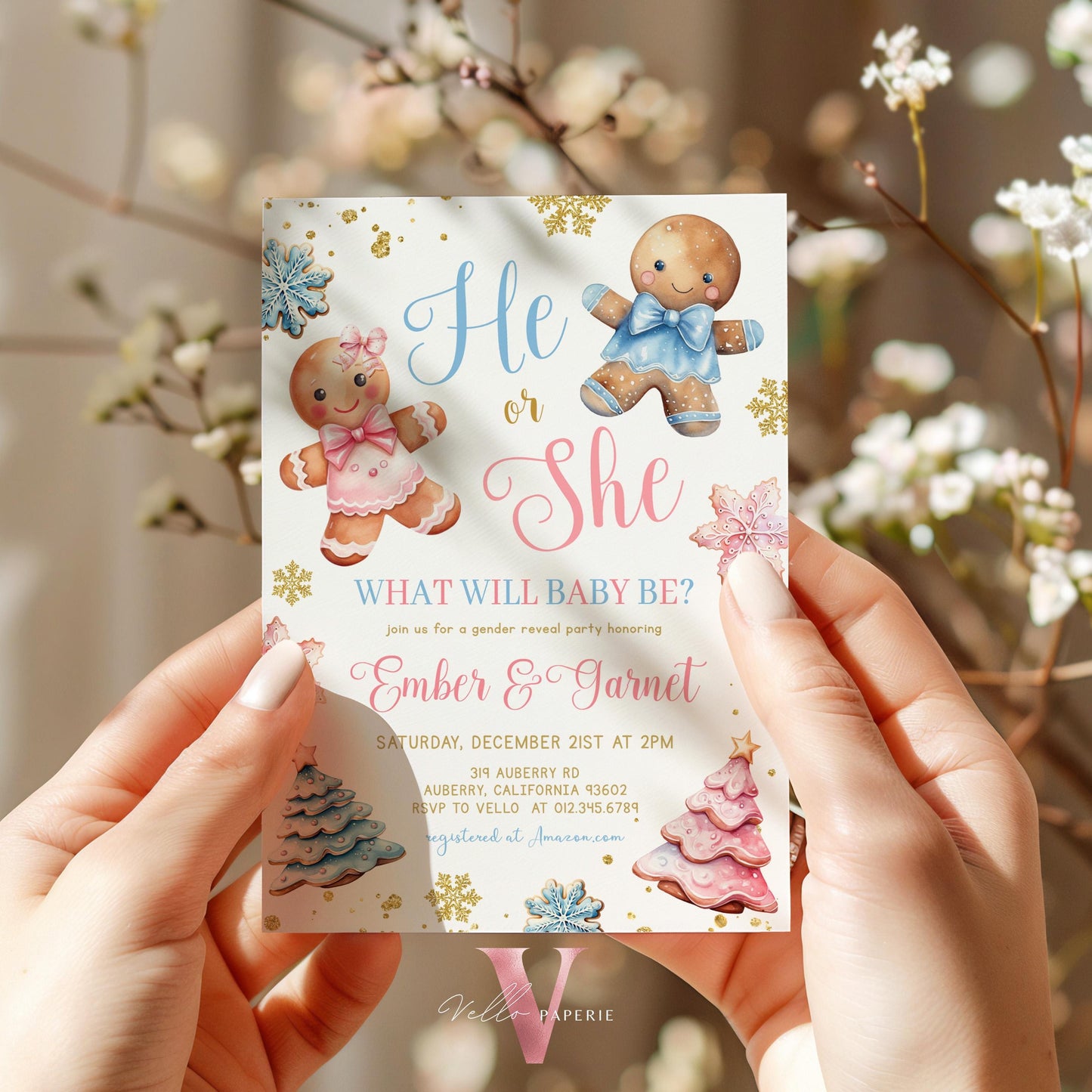 He or She Gingerbread Baby Shower Invitation | Winter Gender Reveal Baby Coming Invite | Pink Blue Gingerbread Christmas Cookie Party CWBS01