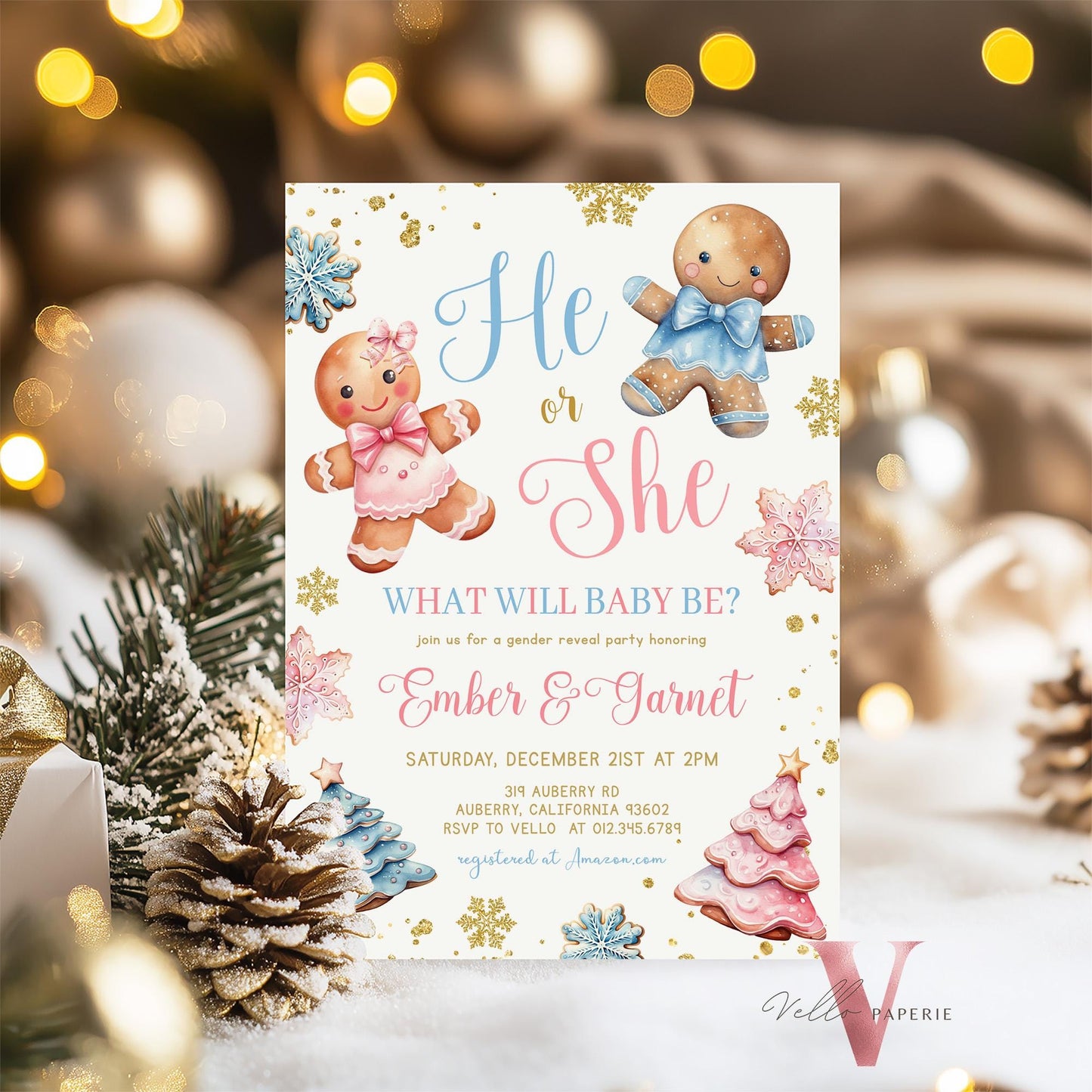 He or She Gingerbread Baby Shower Invitation | Winter Gender Reveal Baby Coming Invite | Pink Blue Gingerbread Christmas Cookie Party CWBS01