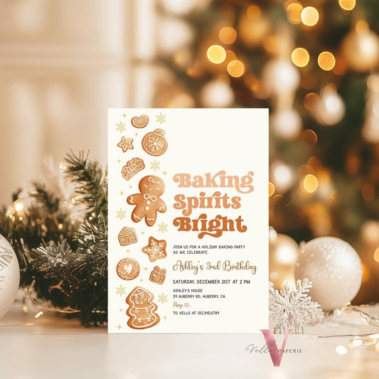 Editable Baking Spirits Bright Birthday Party Invite | Fun Holiday Baking Party Invitation | Modern Neutral Cookie Christmas Birthday Party