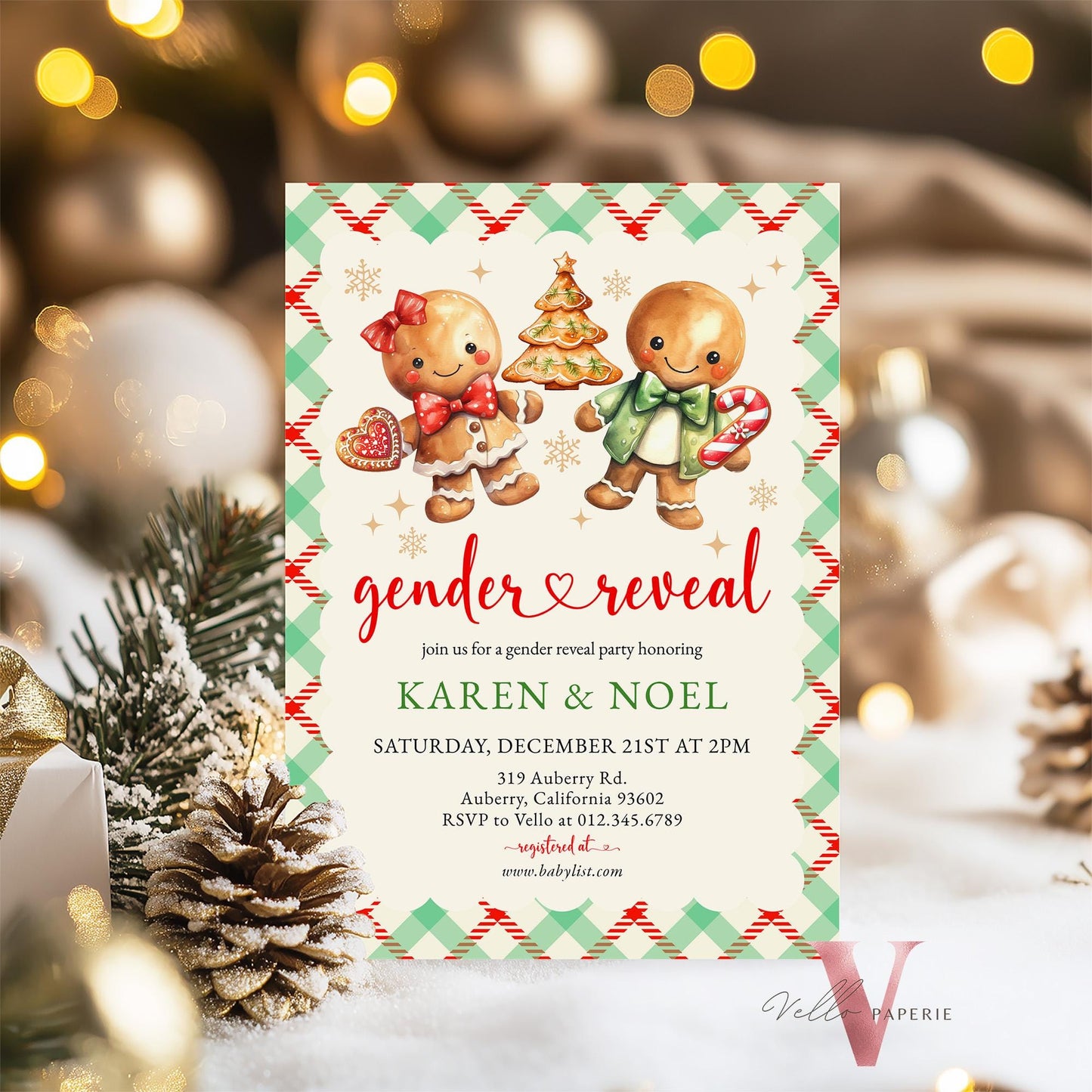 Gender Reveal Gingerbread Baby Shower Invitation | Winter Cookie Baby Coming Invite | Red Green Gingerbread Christmas Cookie Gingham CWBS01