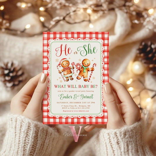 He or She Gingerbread Baby Shower Invitation | Winter Gender Reveal Cookie Baby Invite | Red Green Gingerbread Christmas Gingham CWBS01