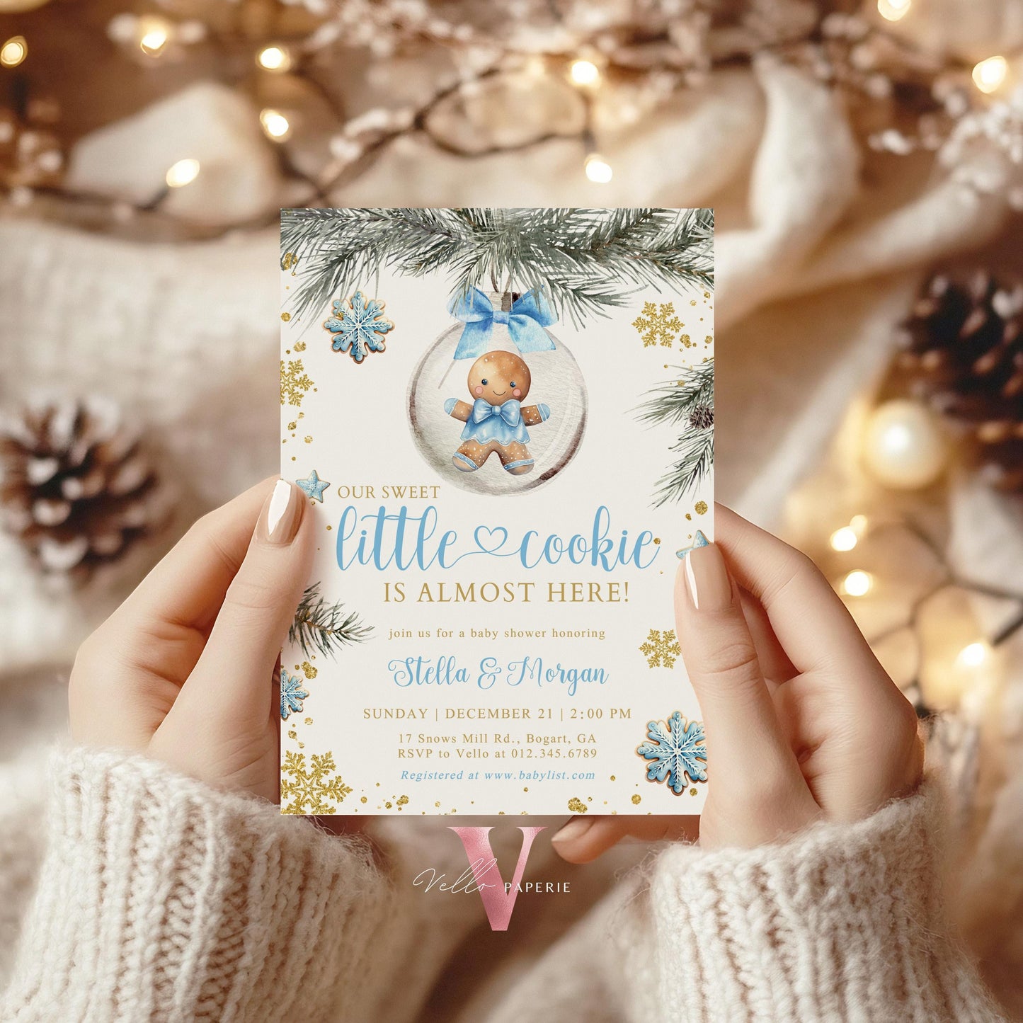 Winter Little Cookie on the way Shower Invite | Boy Gingerbread Baby Shower Invitation | Blue Gold Gingerbread on Christmas Bauble CWBS01