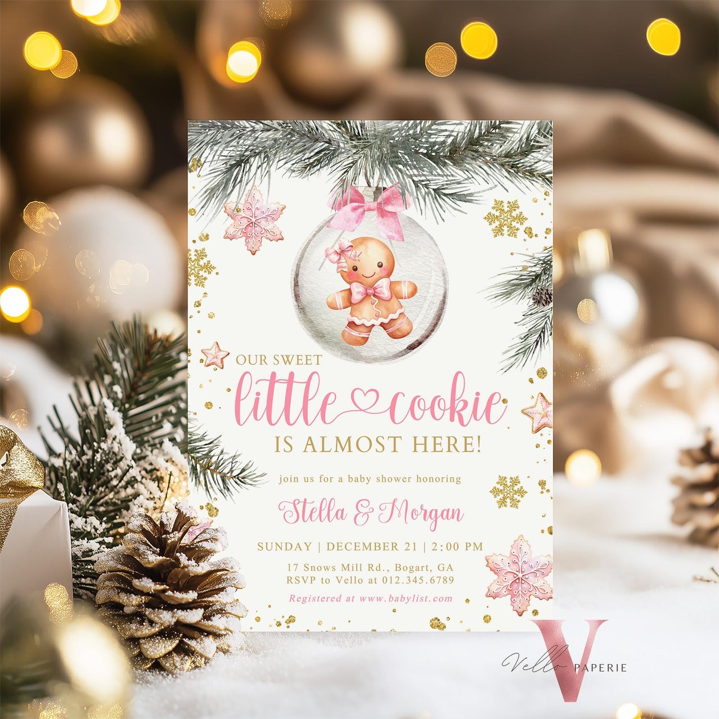 Winter Little Cookie on the way Shower Invite | Girl Gingerbread Baby Shower Invitation | Pink Gold Gingerbread on Christmas Bauble CWBS01