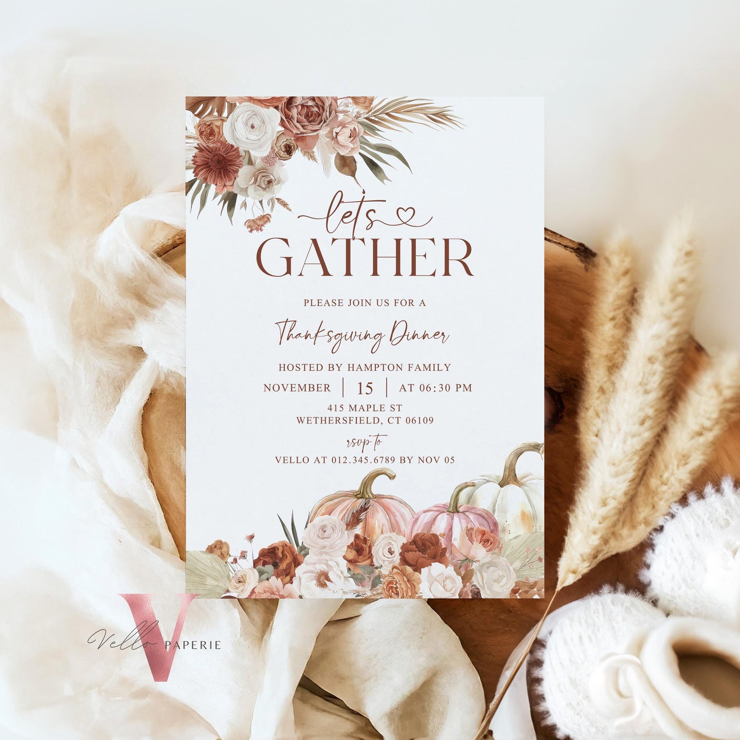 Free EVITE Autumn Thanksgiving DINNER Invitation | FALL Lets Gather Together Friendsgiving Invite | Potluck Modern or Rustic Pumpkin Casual