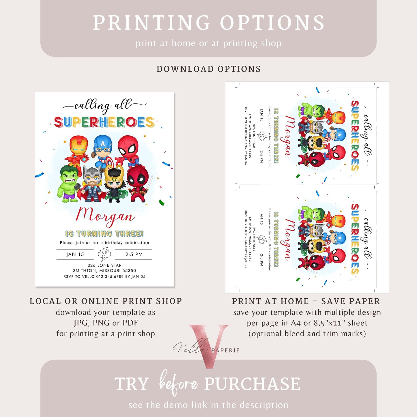 Calling All Superhero Birthday Invitation | Watercolor Avengers Kids Colorful Birthday Party Invite | Any Age Cute Chibi Superhero SHB01