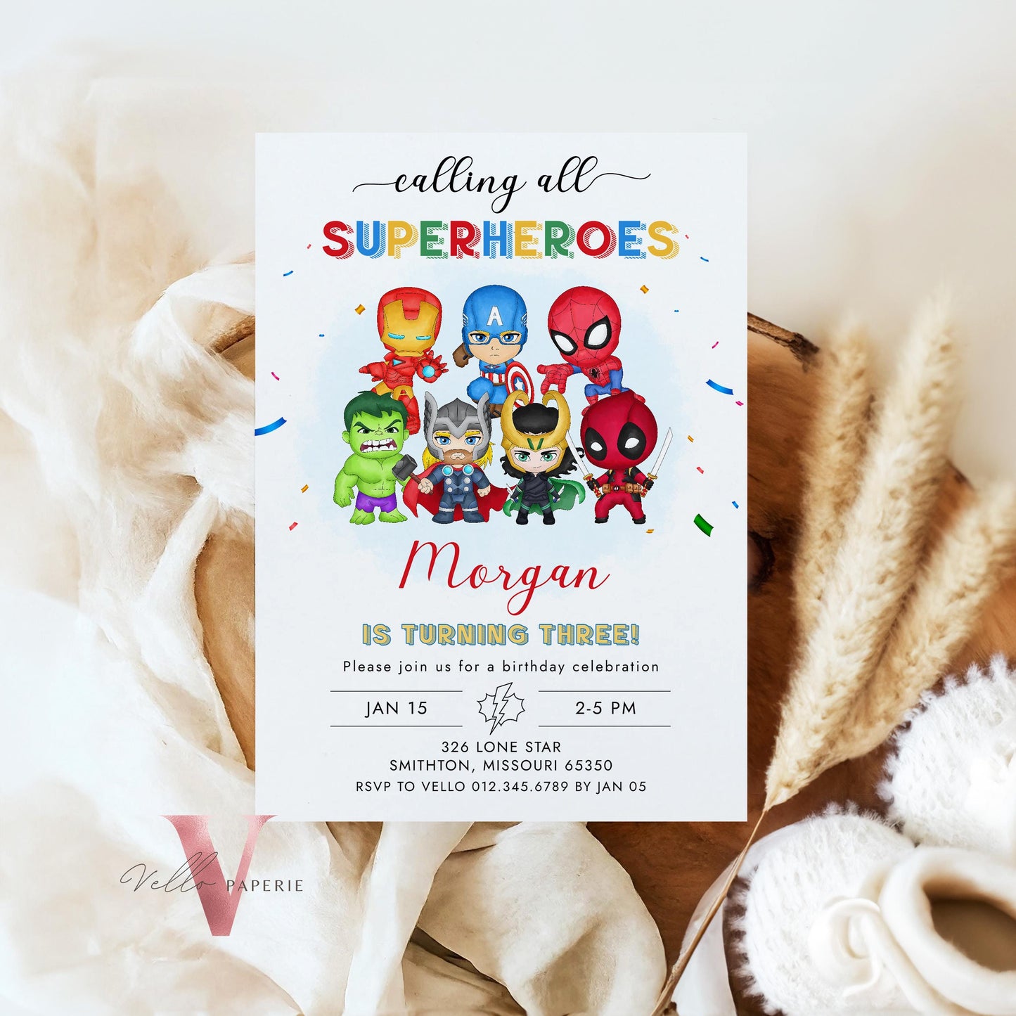 Calling All Superhero Birthday Invitation | Watercolor Avengers Kids Colorful Birthday Party Invite | Any Age Cute Chibi Superhero SHB01