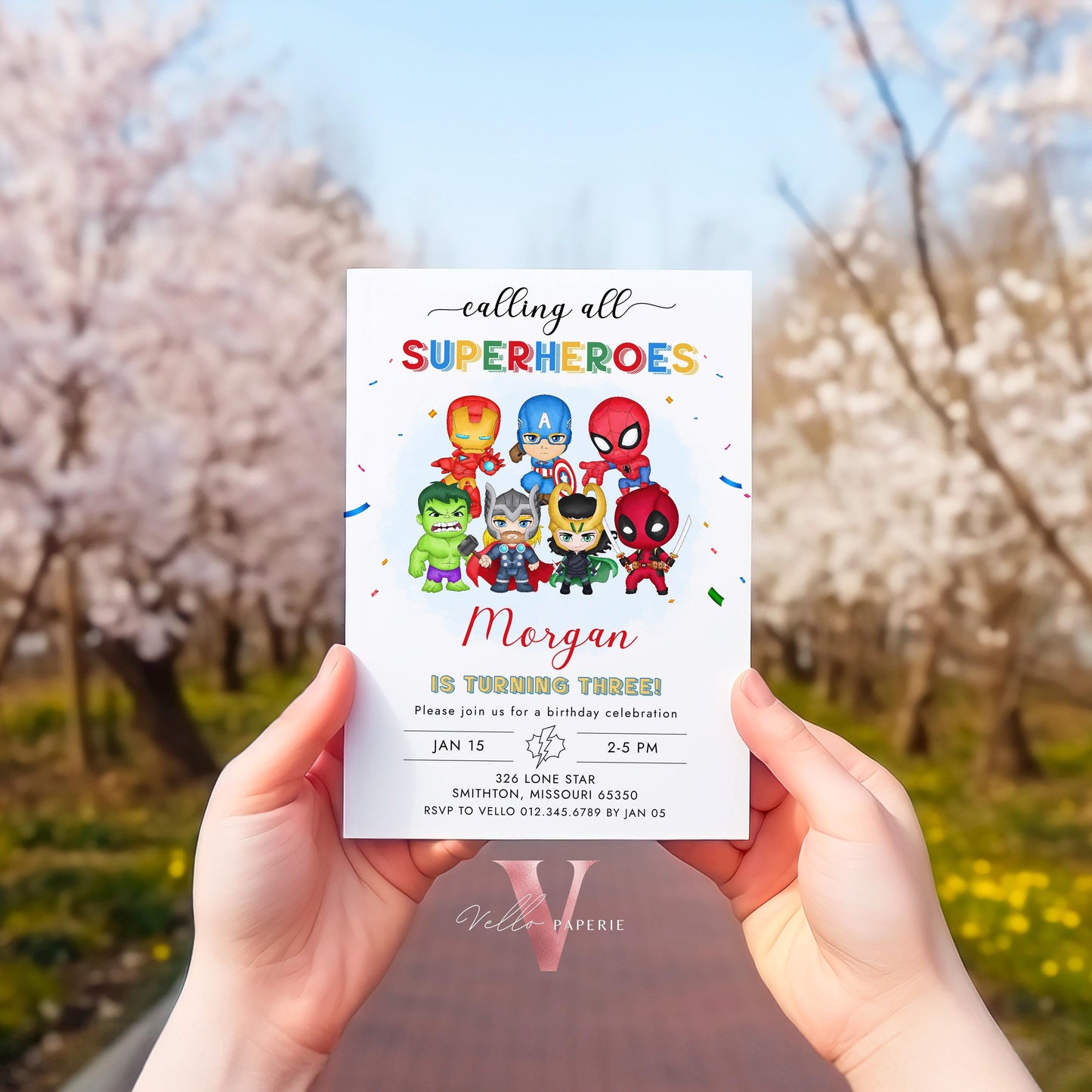 Calling All Superhero Birthday Invitation | Watercolor Avengers Kids Colorful Birthday Party Invite | Any Age Cute Chibi Superhero SHB01