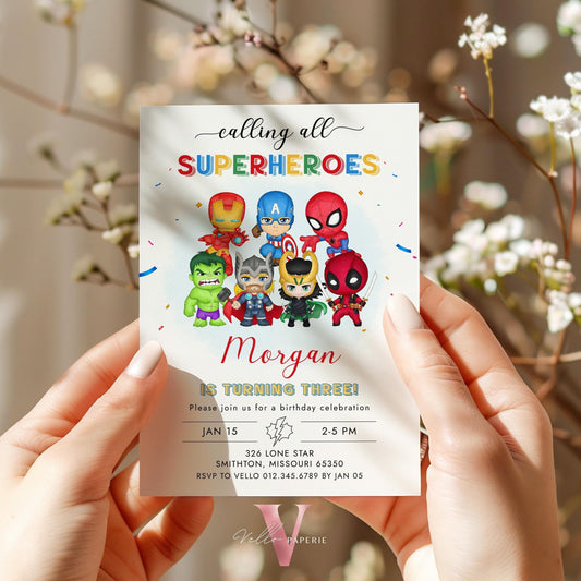 Calling All Superhero Birthday Invitation | Watercolor Avengers Kids Colorful Birthday Party Invite | Any Age Cute Chibi Superhero SHB01