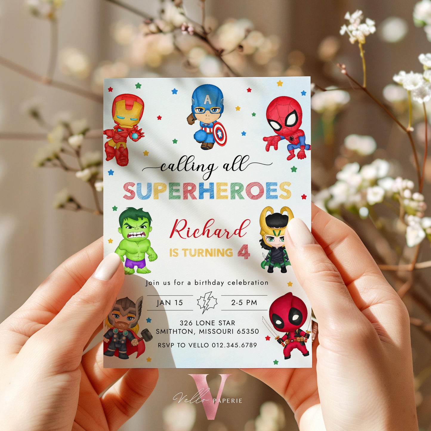 Calling All Superhero Birthday Invitation | Watercolor Avengers Kids Colorful Birthday Party Invite | Any Age Cute Chibi Superhero SHB01