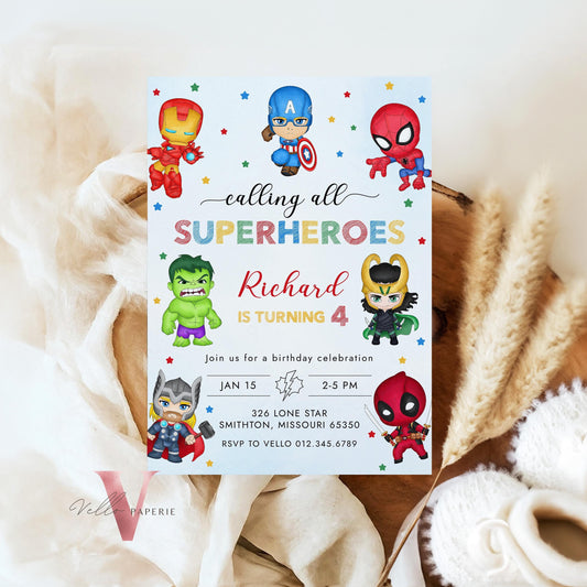 Calling All Superhero Birthday Invitation | Watercolor Avengers Kids Colorful Birthday Party Invite | Any Age Cute Chibi Superhero SHB01