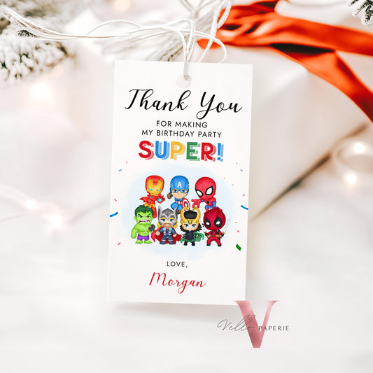 Editable Calling All Superhero Birthday Favor Tag | Watercolor Avengers Birthday Party Thankyou Card | Cute Chibi Superhero Gift Tag  SHB01