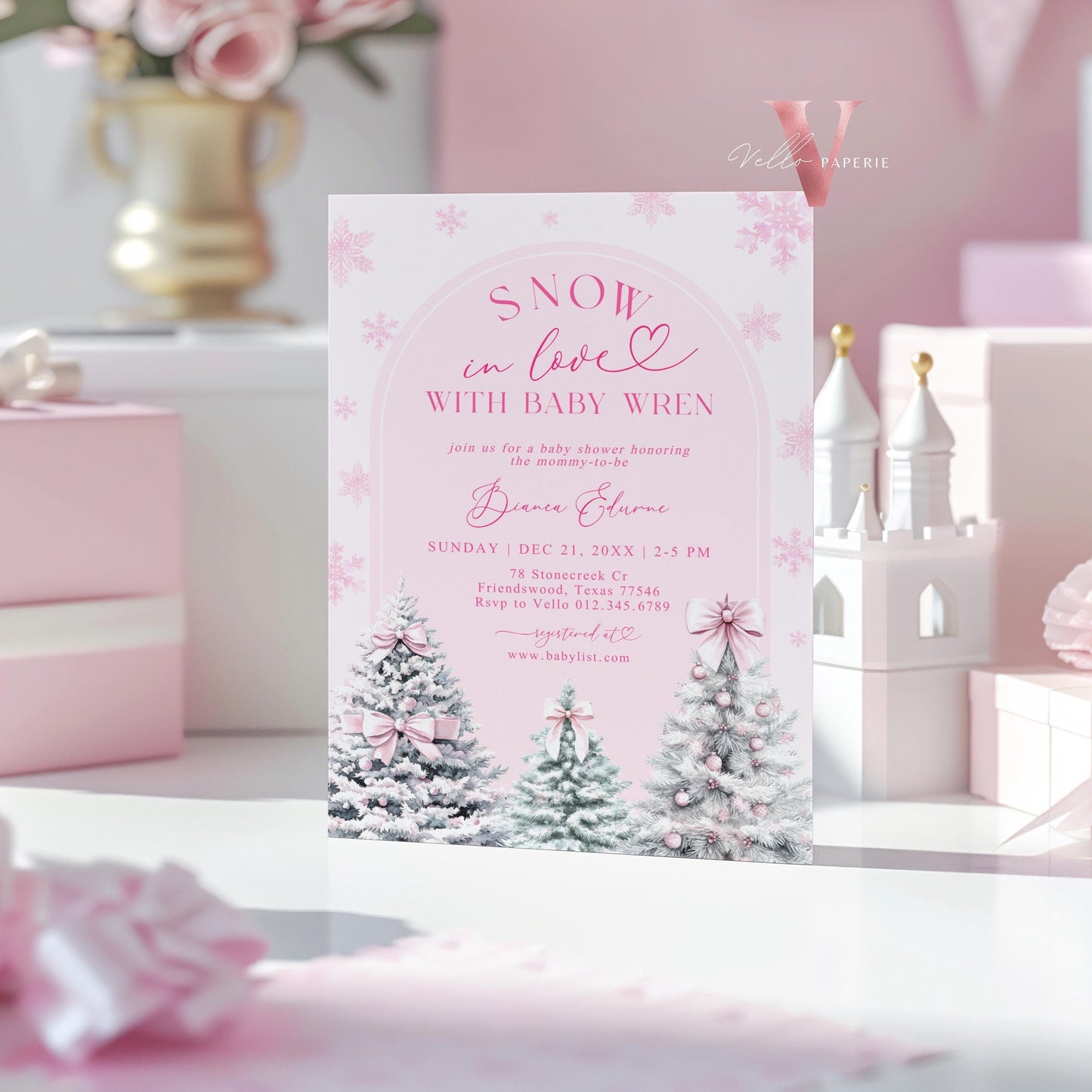 BUNDLE Pink SNOW in LOVE Baby Shower Invitation | It's Cold Outside Shower Invitation | Winter Snowflakes Pink Christmas Baby Shower WBS01