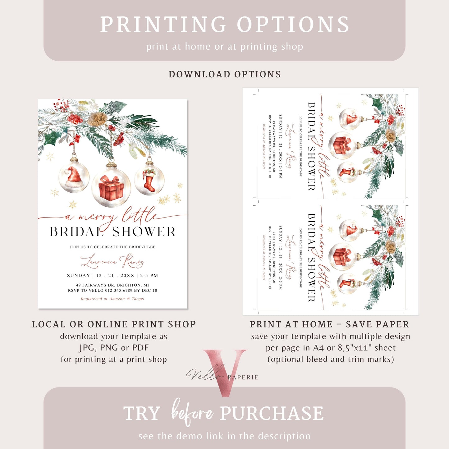 A Merry Little Bridal Shower Invitation | Winter Snow Neutral Bride to Be Invite | Modern Red Santa, Silver Christmas Tree Ball Glass WBD01